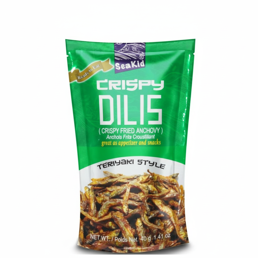 Green package of SeaKid Crispy Dilis Teriyaki Style on a white background